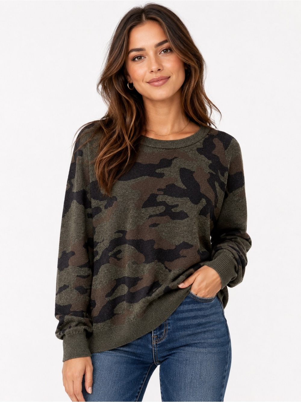 Stitches & Stripes Women’s Camo Crew Neck Sweater - Olive/Black - 0509